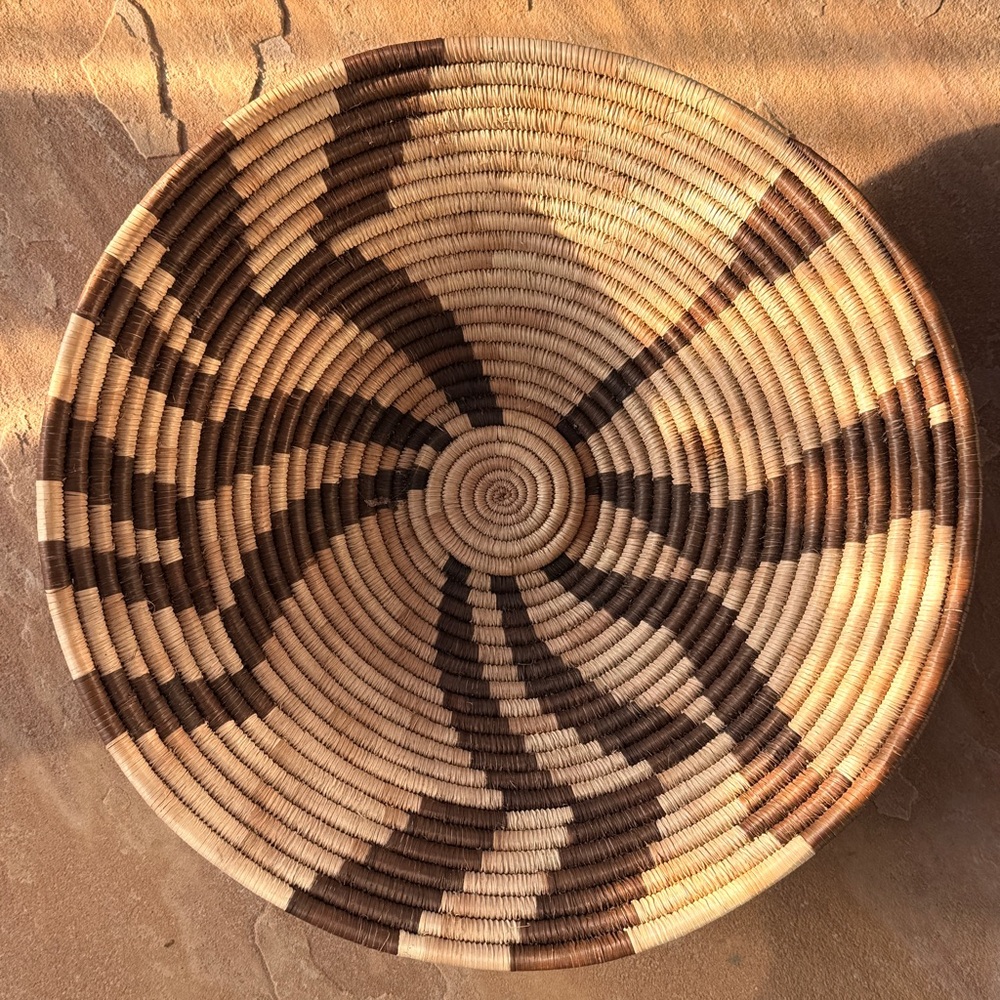 Handwoven Botswana Basket 14” – African Coiled Palm Fiber – Geometric Pattern